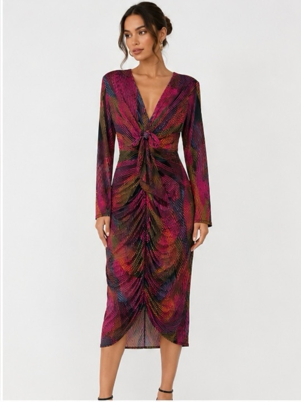 cameo Multicolor Ruched Knot V-Neck Dress in Pink Purple Blue Yellow